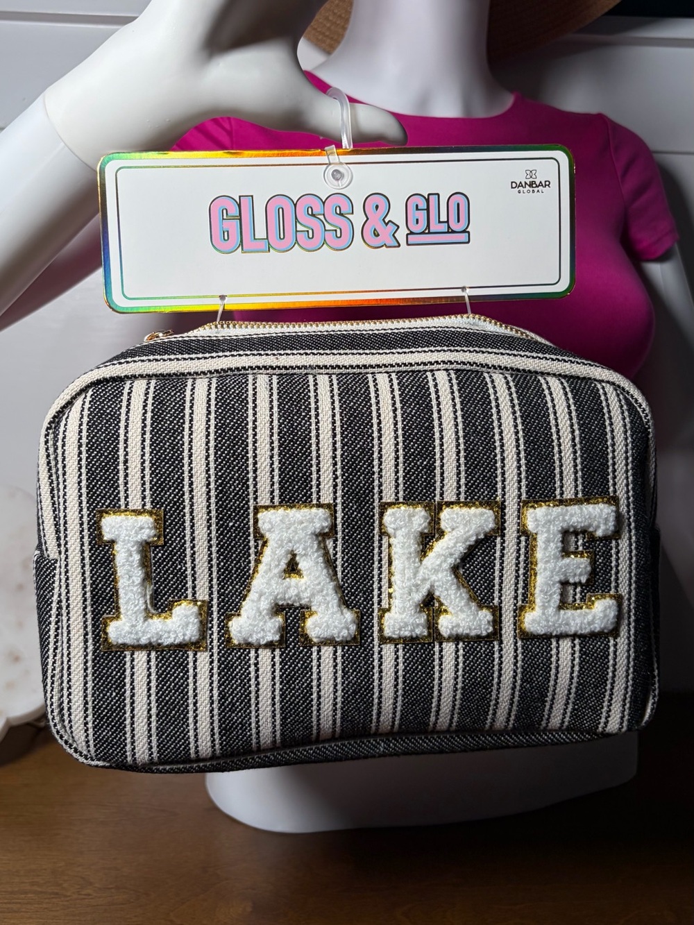 Gloss & Glo - “LAKE” Cosmetic Bag Black & White Striped with Gold Trim Font